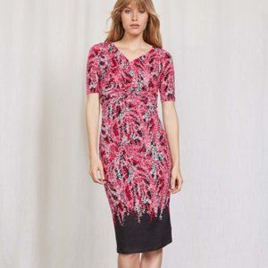 BODEN pink red black floral Rita ruched jersey dress